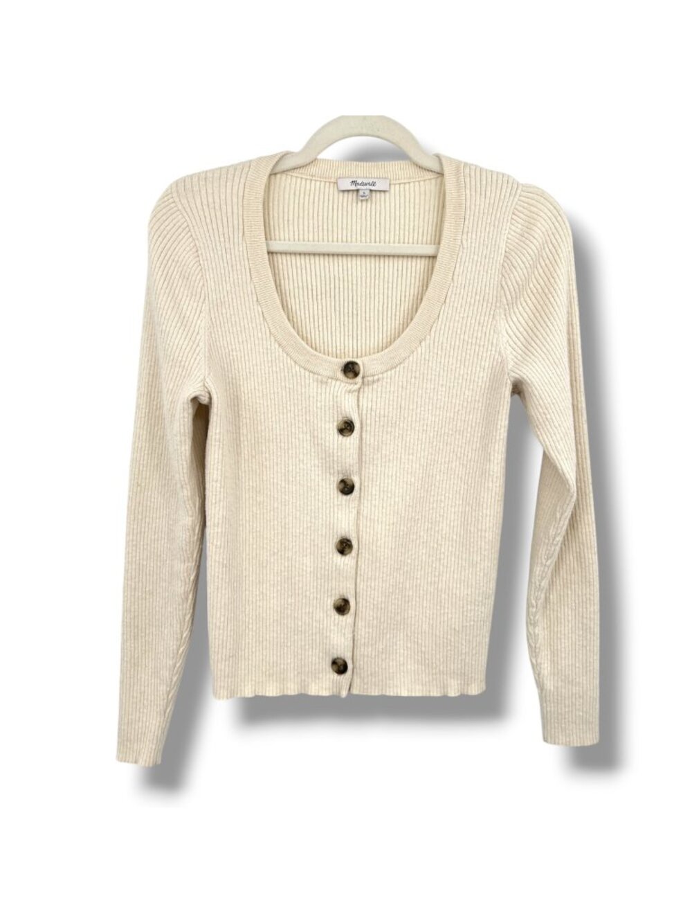 Madewell Scoopneck Ribbed Cardigan Sweater In Antique Cream Size Large